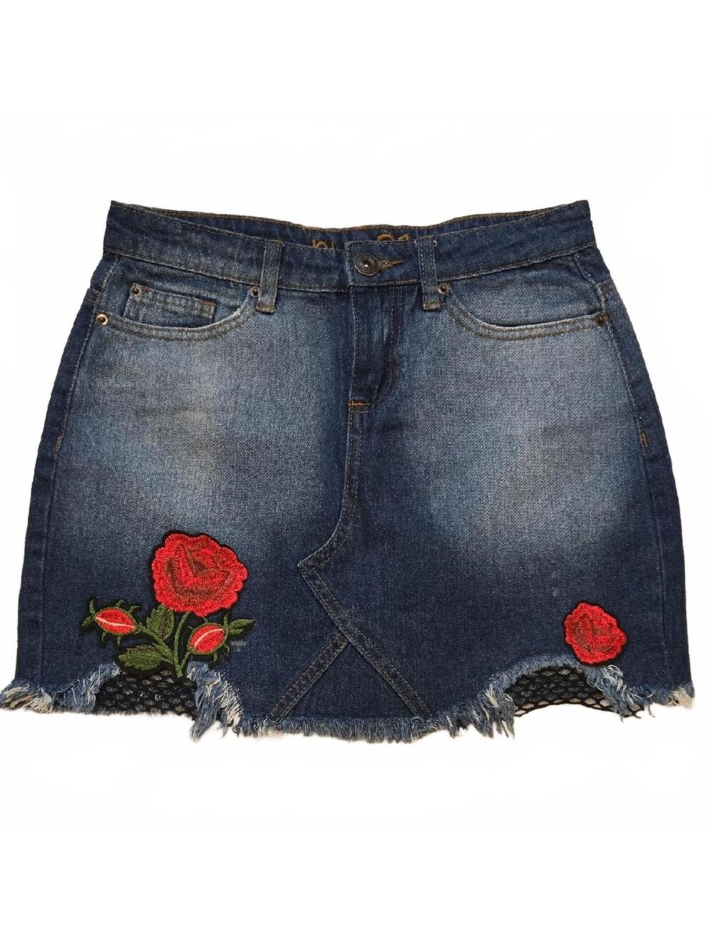 Rue21 Dark Blue Denim Skirt Red Rose Patch Embroidery Size XS
